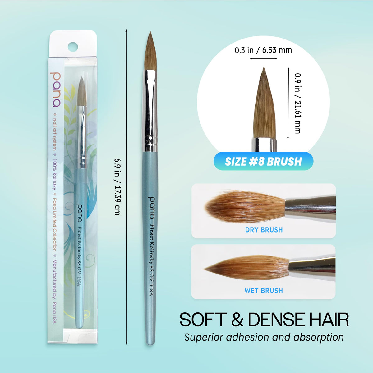 pana USA Acrylic Nail Brush100% Pure Kolinsky Hair New Teal Wood Handle with Silver Ferrule Oval Crimped Shaped Style (Size # 8)