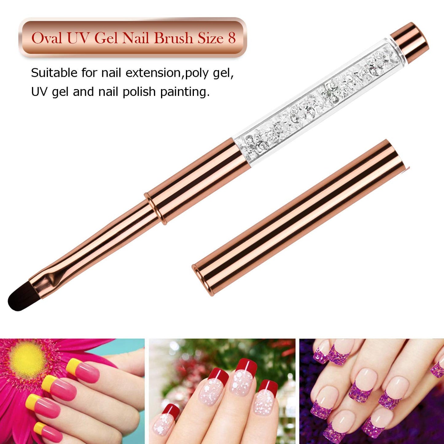 YCYAN 1Pcs Oval UV Gel Nail Brush Rhinestone Handle Professional Nail Art Tools Size 8 Rose Gold Beauty & Personal Care Ycyan