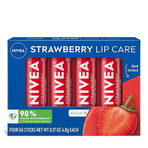 NIVEA Strawberry Lip Care, Red Tinted Lip Balm Pack with Shea Butter, Nourishing Oils and Vitamin C & E, 3-in-1 Moisture, Repair and Color, 0.17 Oz Beauty & Personal Care NIVEA