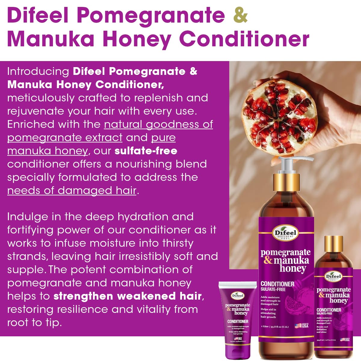 Difeel Pomegranate & Manuka Honey Sulfate-Free Conditioner 33.8 oz. for Dry, Damaged Hair