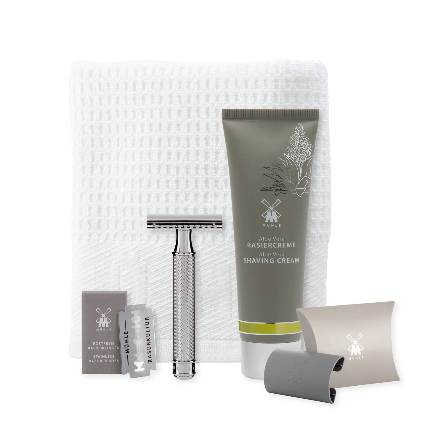 MÜHLE R 89 Shaving Set 5 Pieces - Safety Razor with Closed Comb Chrome-Plated Metal Blade, Cream, Cloth - Silver Beauty and Personal Care MÜHLE