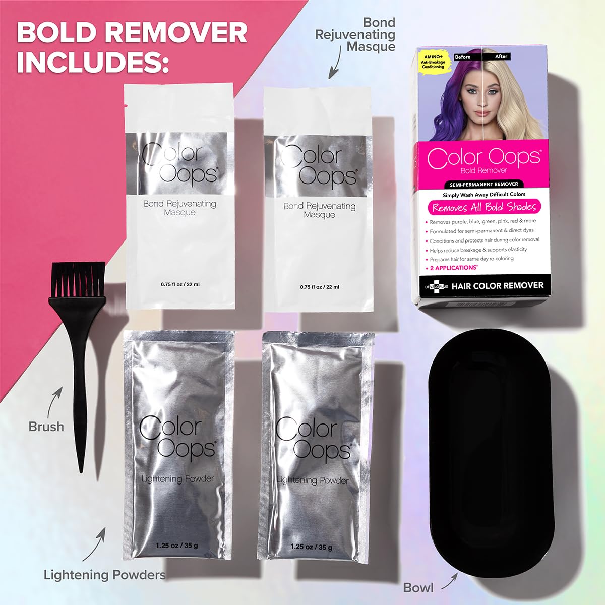 Color Oops Bold Remover, 2 Applications, Hair Dye Remover Safely Removes Direct Dyes and Semi Permanent Hair Color, Recolor The Same Day, Vegan Beauty & Personal Care Color Oops