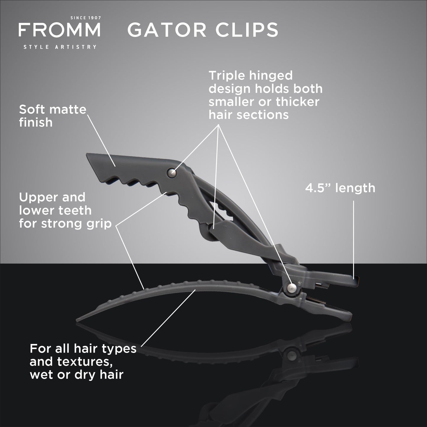 Fromm Professional Gator Hair Clips, 4.5", Double-Sided Teeth for Secure Sectioning on Wet or Dry Hair, Soft Matte Finish, Black, Pack of 4 Beauty & Personal Care Fromm