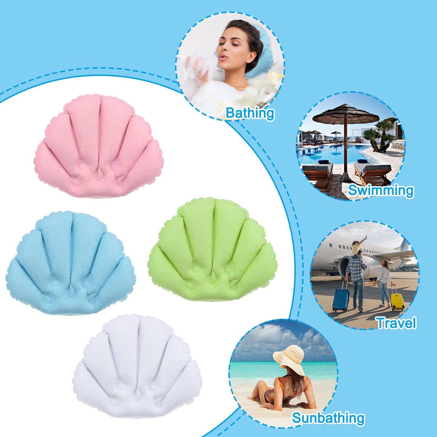 PATIKIL Inflatable Bath Pillow with Suction Cups, 3 Pack Terry Cloth Covered Shell Shape Bath Pillow Neck Support for Bathtub Hot Tub (Pink, Blue Beauty and Personal Care PATIKIL