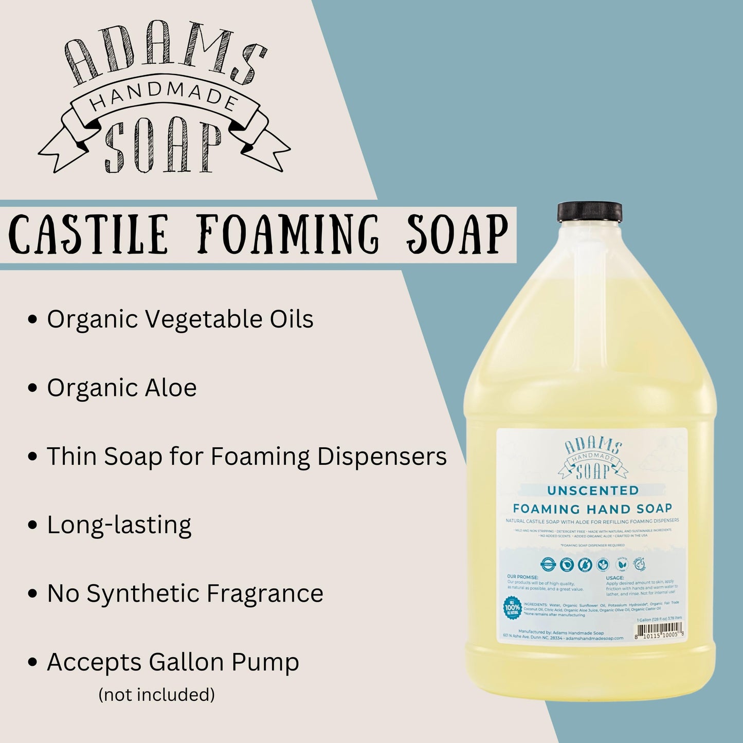 Adams Handmade Soap Thin Castile Foaming Liquid Hand Soap 1 Gallon Refill - Unscented Beauty & Personal Care Adams Handmade Soap