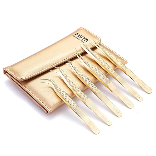 FEITA Eyelash Extension Tweezer Set Gold Lash Applicator Tool - Precision Lashes Diamond Grip Tweezers for 2D-6D Volume & Individual Eyelashes Beauty & Personal Care FEITA