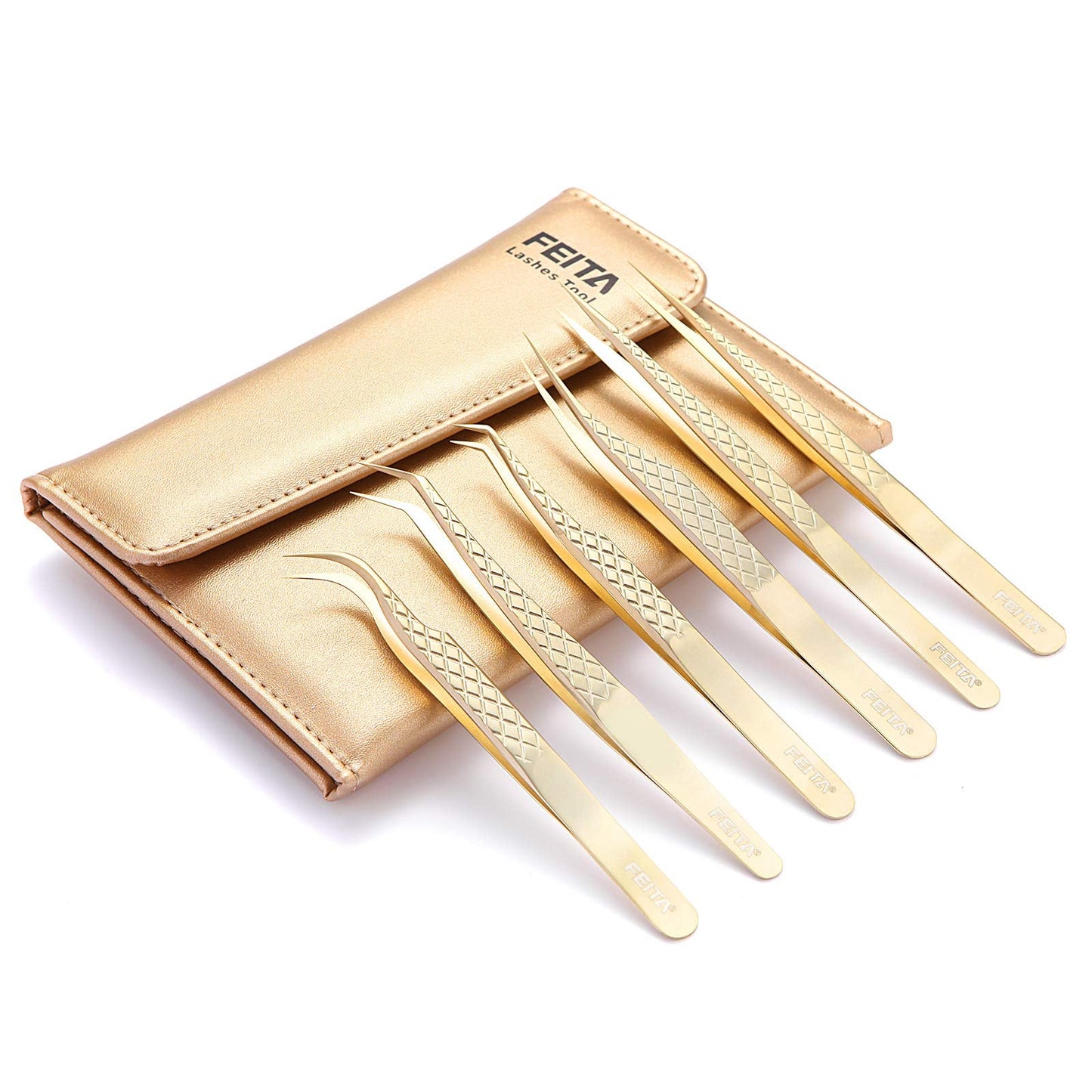 FEITA Eyelash Extension Tweezer Set Gold Lash Applicator Tool - Precision Lashes Diamond Grip Tweezers for 2D-6D Volume & Individual Eyelashes Beauty & Personal Care FEITA
