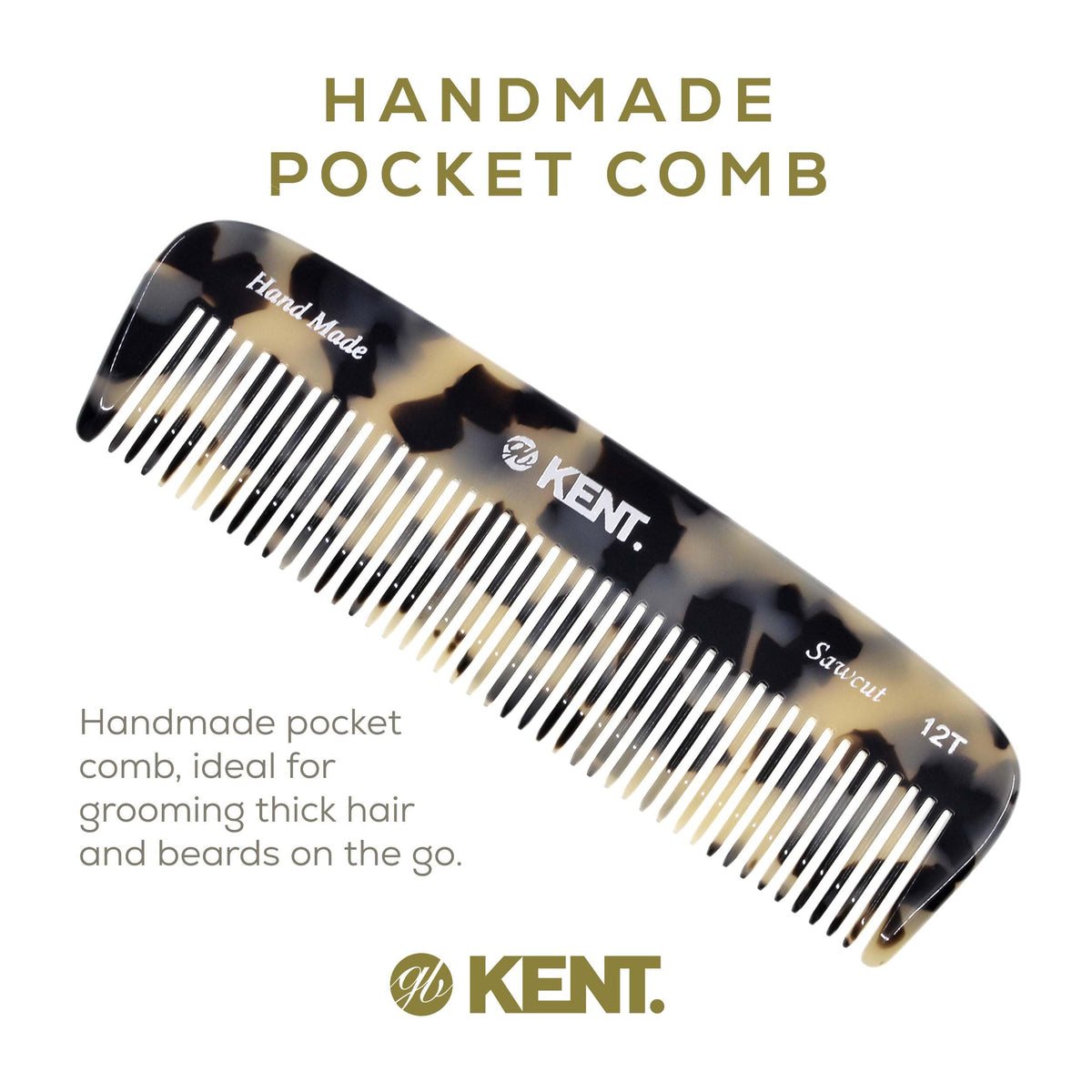 Kent 12T TW Pocket Comb - Handmade Wide Tooth Hair Comb for Men, Women, and Kids - Travel, Beard, and Mustache Comb - Saw Cut and Hand Polished Made