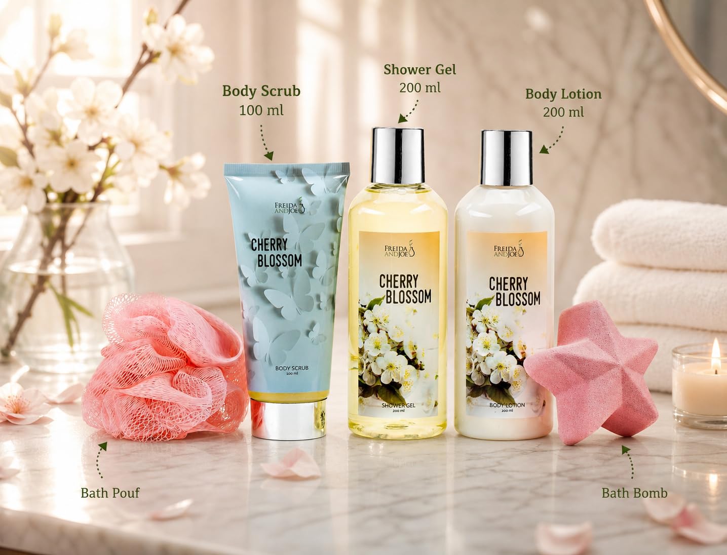Cherry Blossom Spa Gift Box for Women - Luxury Bath & Body Gift Set with Shower Gel, Body Lotion, Body Scrub, Bath Bomb & Sponge - Self Care Gifts Beauty and Personal Care Freida and Joe