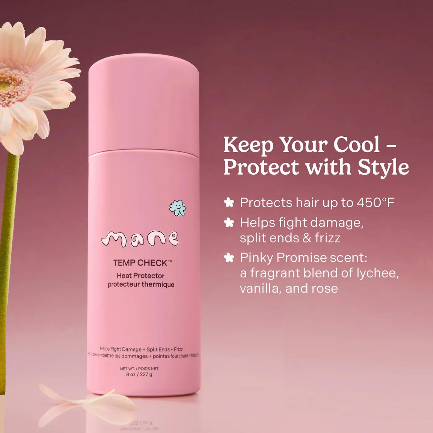 Mane Temp Check Heat Protection Spray for Hair - Anti Frizz Heat Protectant for All Hair Types - Helps Fight Damage, Split Ends & Breakage - Made Beauty & Personal Care Mane