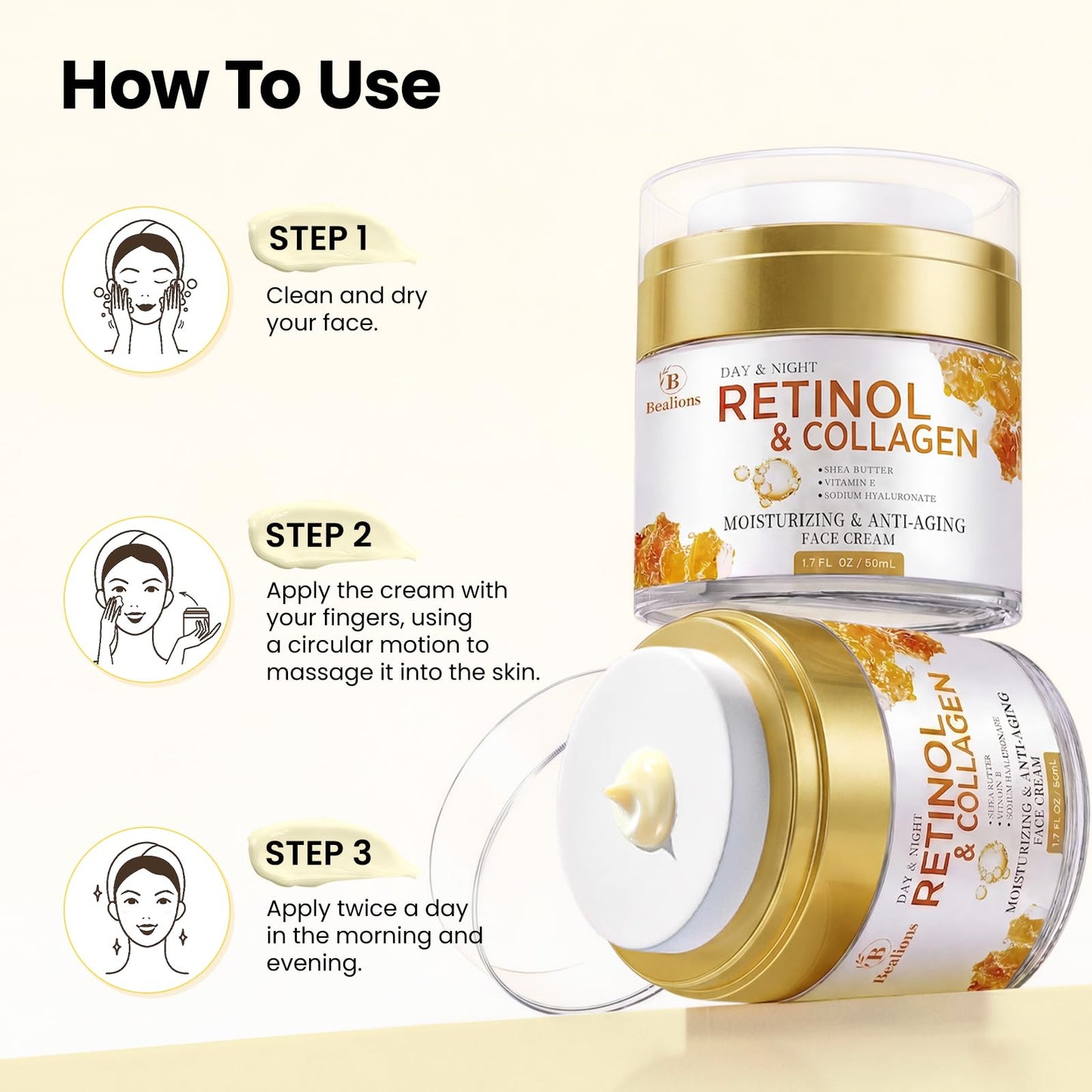 Retinol Cream for Face Anti Aging: Wrinkle Cream for Face Neck with Collagen Hyaluronic Acid - Night Moisturizer for Men Women - Facial Skin Care Gift Beauty and Personal Care Bealions