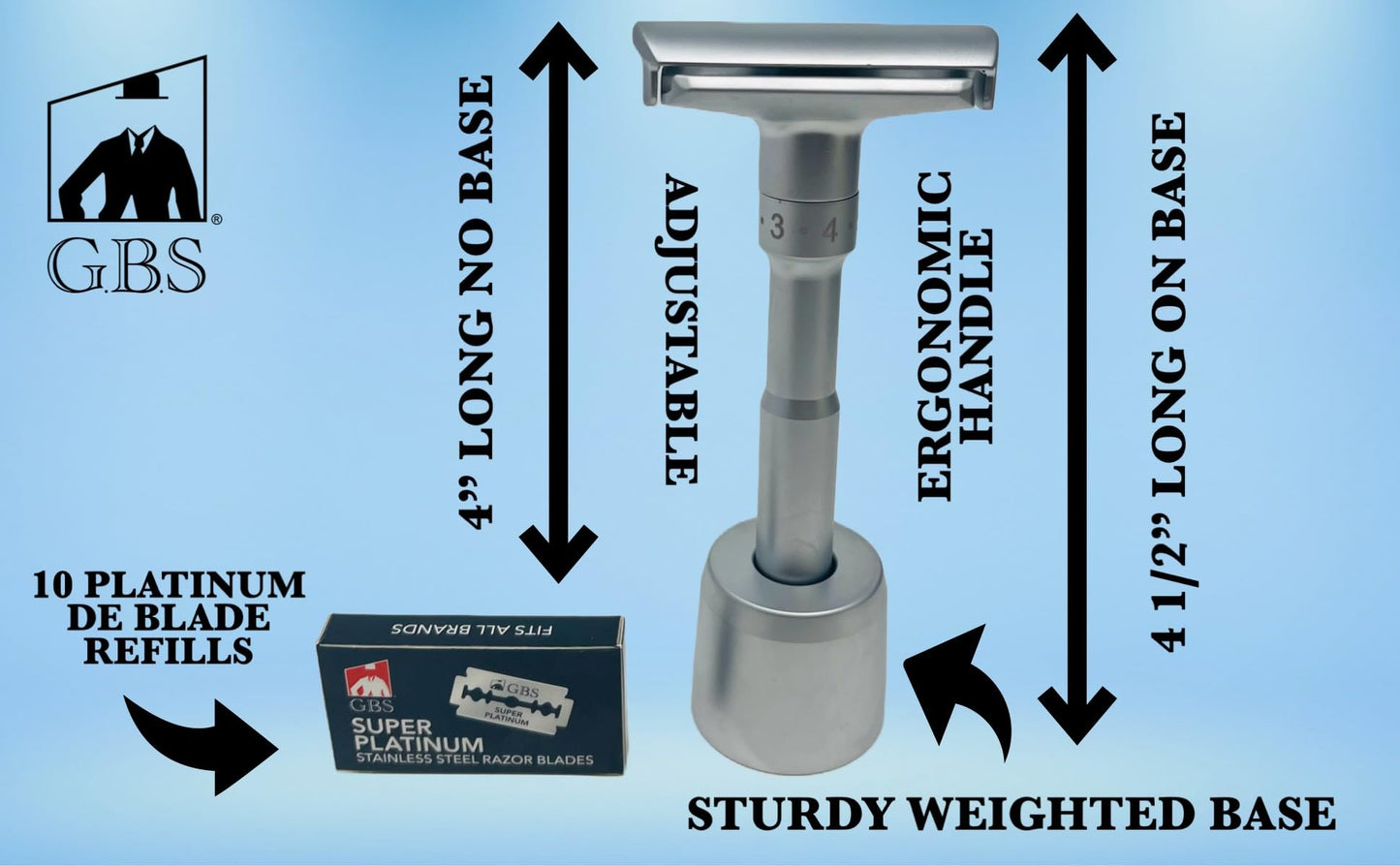 G.B.S Chrome Adjustable Men's Double Edge Safety Razor with Blades, Stand and 10 G.B.S Platinum Blade Refills Beauty and Personal Care G.B.S