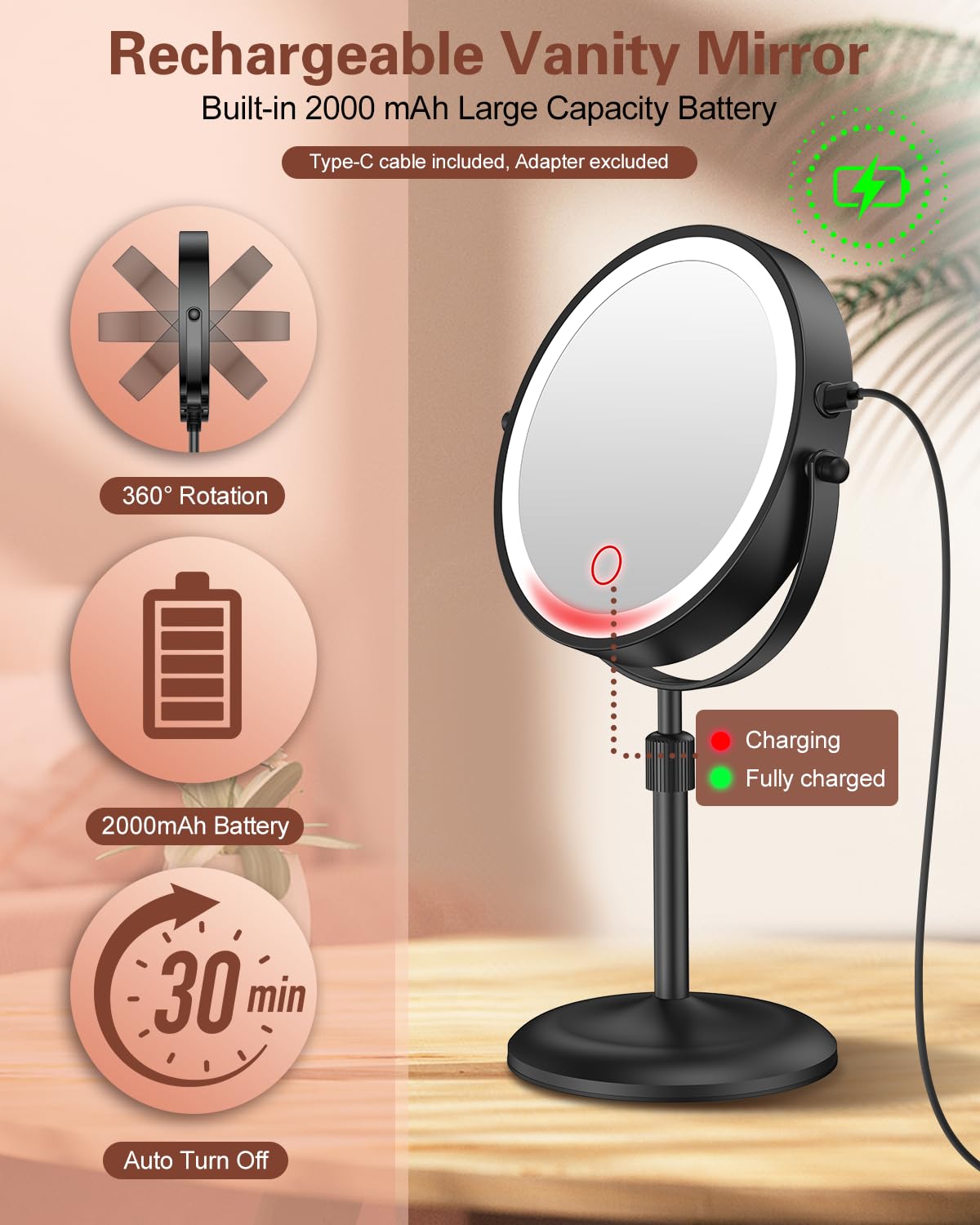 Benbilry Lighted Makeup Mirror with 10X Magnification & 3 Color Lights, Adjustable Brightness & Height, 7 Inch 360° Swivel Rechargeable LED Magnifying Beauty & Personal Care Benbilry