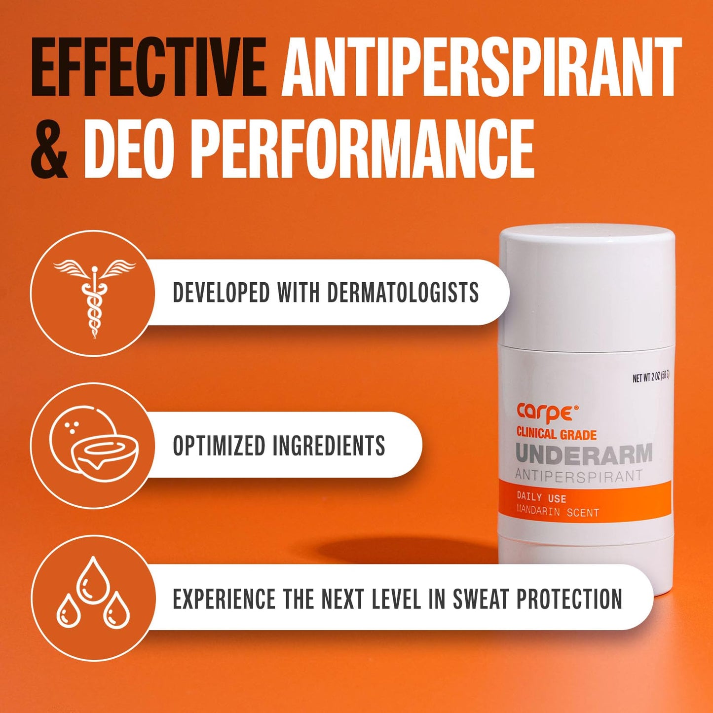 Carpe Clinical Strength Deodorant + Antiperspirant - Clinical Grade Solid Stick - Combat Excessive Underarm Sweating + Hyperhidrosis (Mandarin Scent) Beauty and Personal Care Carpe