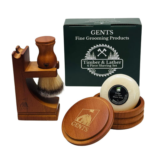 GENTS Timber & Lather Shaving Gift Set for Men - Wooden Brush, Shave Bowl with Lid, Razor & Brush Stand, Cedar Pine Shea Soap Beauty and Personal Care G.B.S