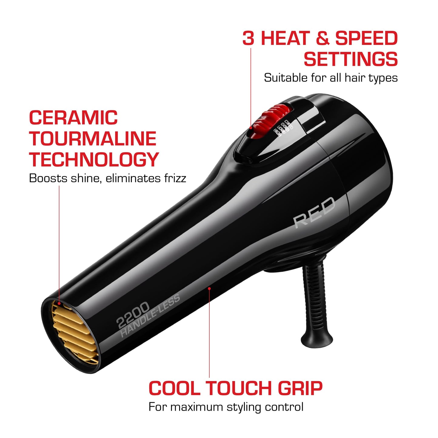 RED by Kiss Handle-Less 2200W Ceramic Tourmaline Hair Dryer, 3 Heat Settings, Pro Blow Dryer with Comb Attachment, Ionic for Frizz-Free Shine Beauty & Personal Care Red by Kiss