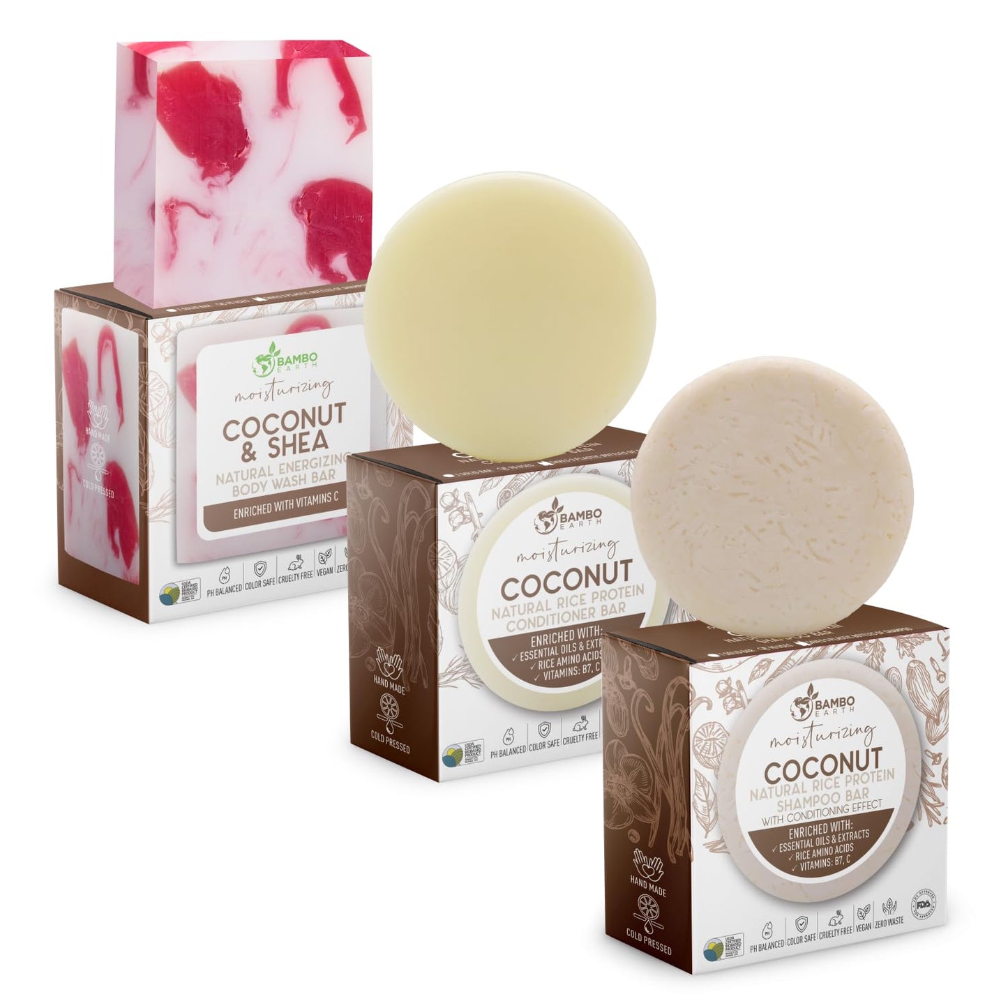 Solid Rice Protein Shampoo, Conditioner and Body Wash Bundle | Shampoo, Conditioner & Wash Bars For Hair and Body w/All Natural Plant Based Essential Beauty & Personal Care BAMBOEARTH