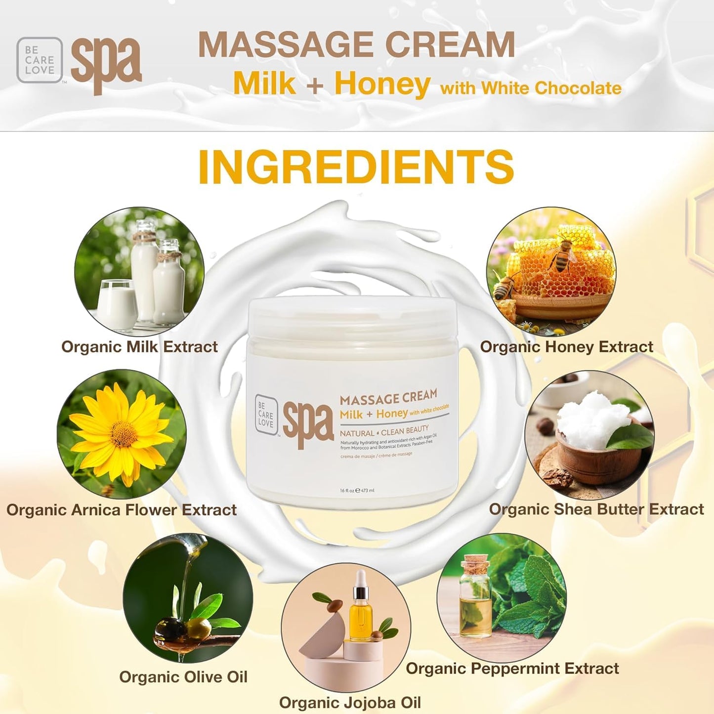 BCL SPA Massage Cream Organic Milk & Honey with White Chocolate Body Lotion, Shea Butter, Aloe Vera, Arnica, Peppermint, Kelp, Tea Tree, Olive, Argan Beauty & Personal Care BCL SPA