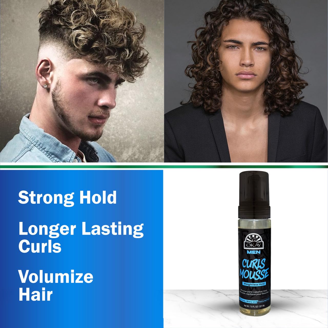 OKAY Men's Curls Mousse 7.5 oz - Lightweight Curl Defining Hair Styling Foam for Men, Enhances Natural Curls, Controls Frizz, Adds Volume & Flexible Beauty & Personal Care OKAY