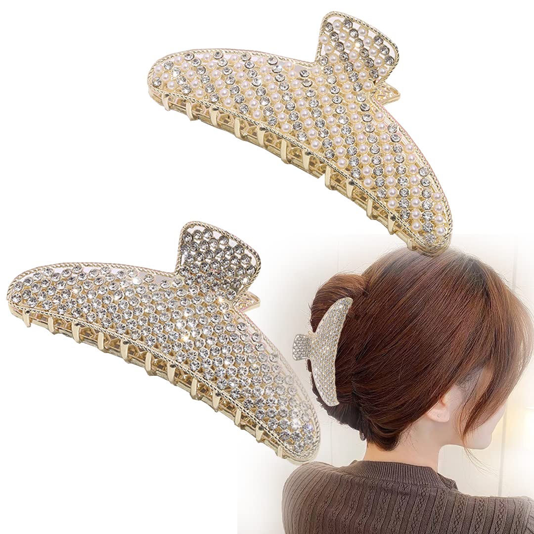 2 Pack Large Rhinestone Hair Clips, Crystal Pearl Hair Claw Clips, Black Gold Jumbo Jaw Clip, Nonslip Hair Claw for Thick Long Hair, Fashion Hair Beauty & Personal Care XinMerry