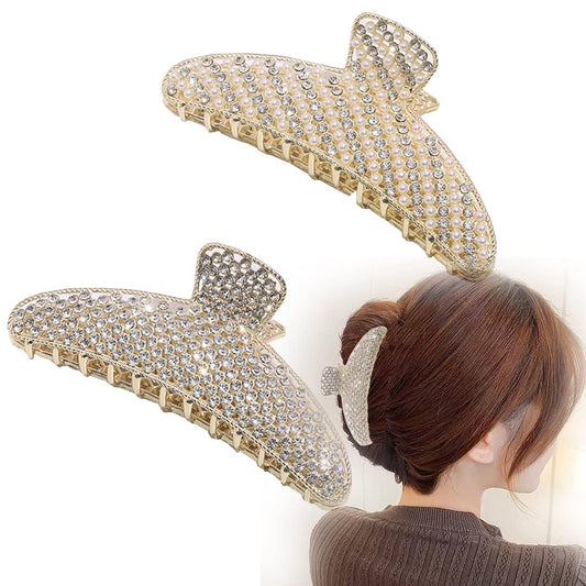 2 Pack Large Rhinestone Hair Clips, Crystal Pearl Hair Claw Clips, Black Gold Jumbo Jaw Clip, Nonslip Hair Claw for Thick Long Hair, Fashion Hair Beauty & Personal Care XinMerry