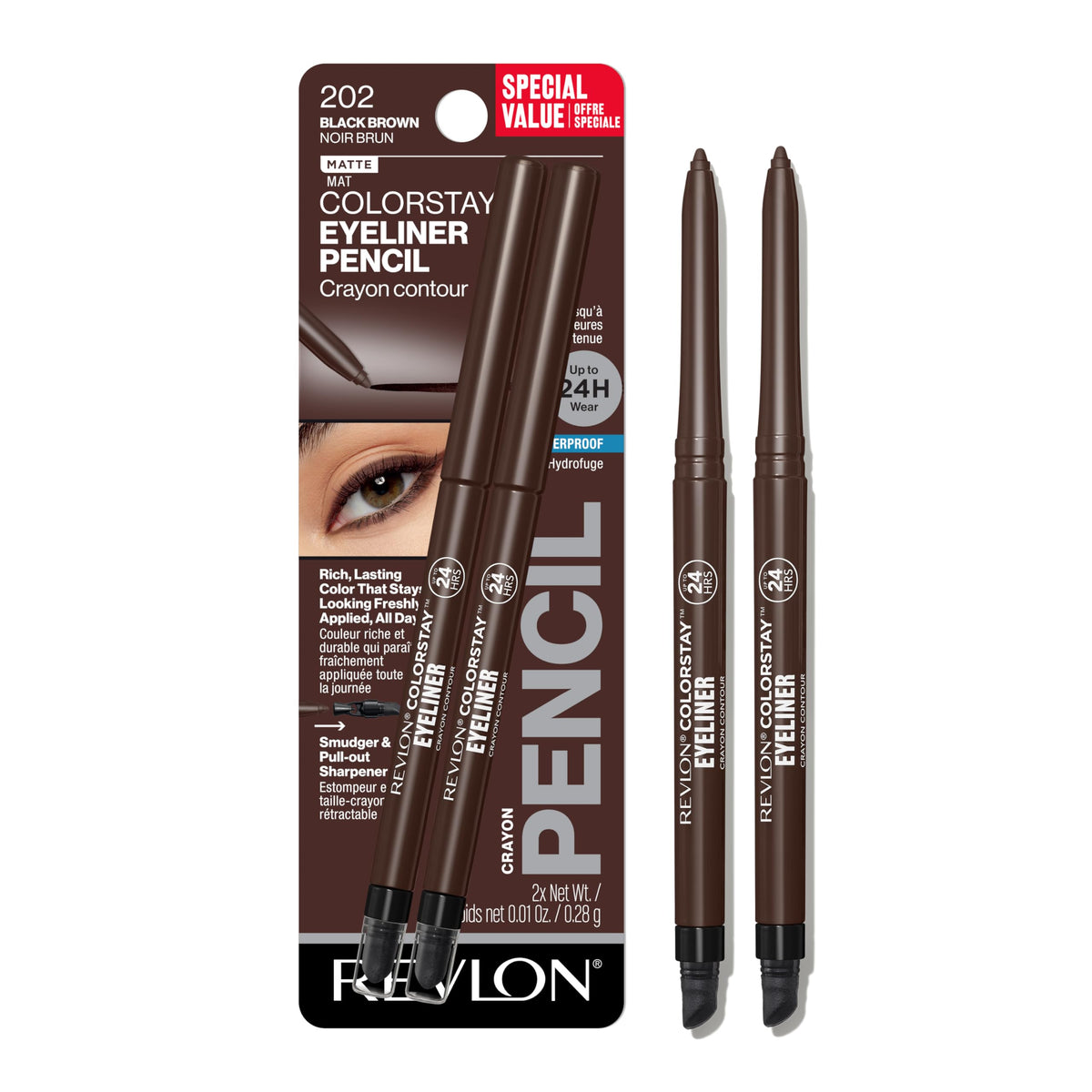 Revlon ColorStay Pencil Waterproof Eyeliner, Smudge-Proof, Eye Makeup with Built-In Sharpener, Stocking Stuffer for Women, 202 Black Brown, 2 pack Beauty & Personal Care REVLON