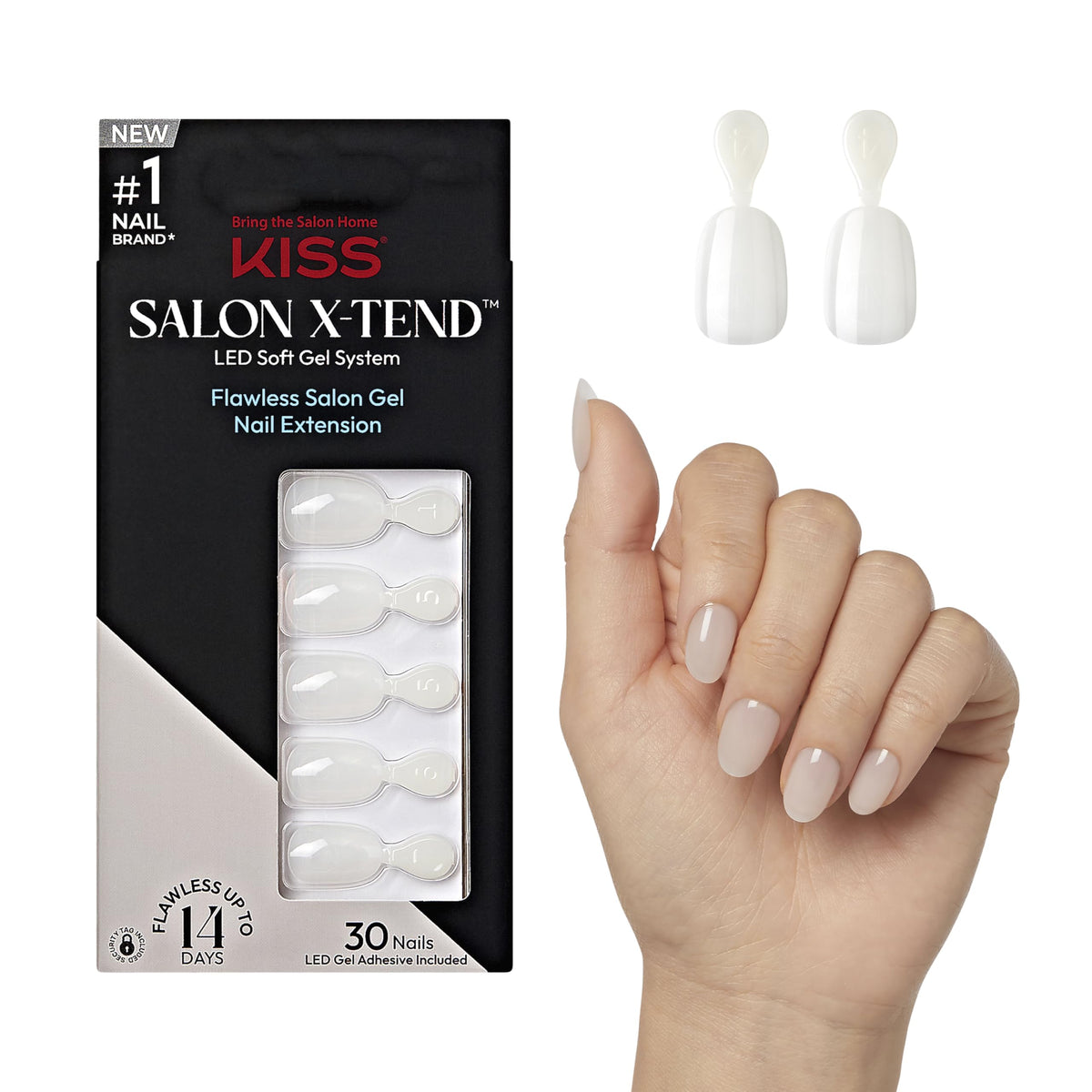 KISS Salon X-tend, Press-On Nails, Nail glue included, 'Keep It', Light White, Short Size, Oval Shape, Includes 30 Nails, 5Ml Led Soft Gel Adhesive, 1