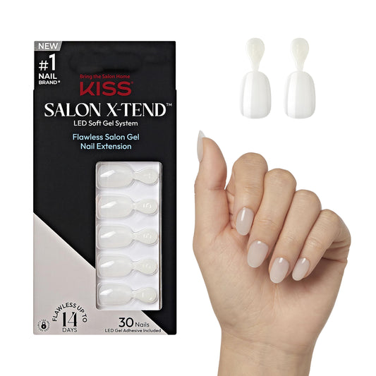 KISS Salon X-tend, Press-On Nails, Nail glue included, 'Keep It', Light White, Short Size, Oval Shape, Includes 30 Nails, 5Ml Led Soft Gel Adhesive, 1
