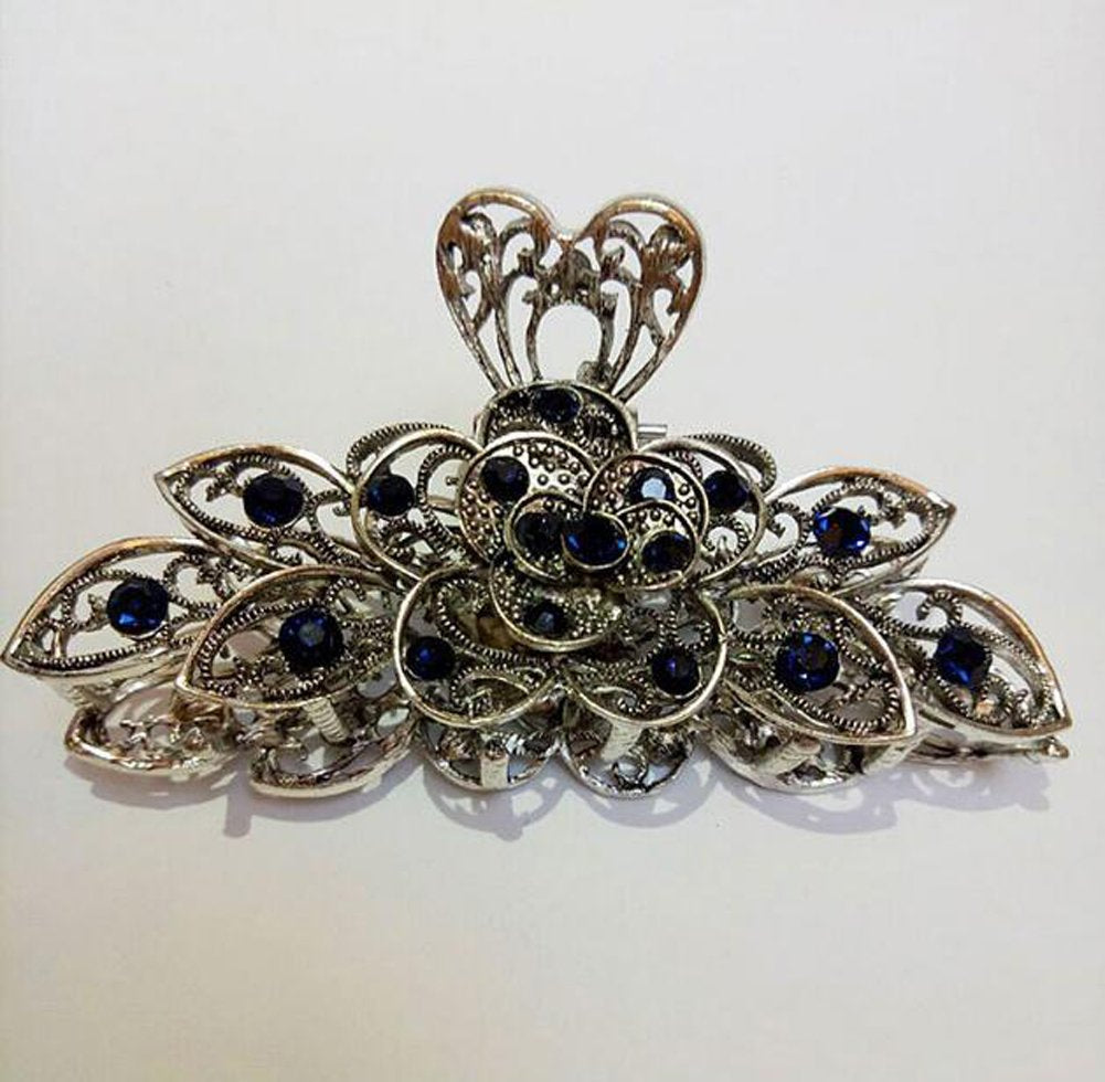 Women Fashion Retro Metal Alloy Rhinestone Large Size Fancy Hair Claw Jaw Clips Pins for Thick Hair (Ink-Blue Colour 1) Beauty & Personal Care Suoirblss