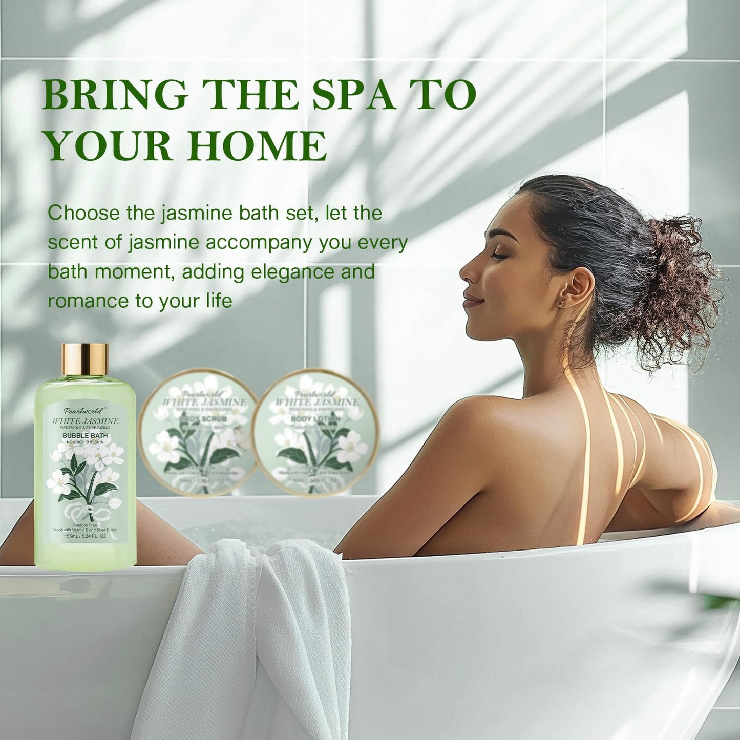 Bath Gift Baskets for Women, 9pc Jasmine Spa Gifts Set for Women, Self Care & Body Relaxing, Birthday Gift Basket, Mother's Day Gifts, Christmas Beauty and Personal Care PEARLWORLD