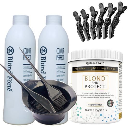 1 Lbs/17 Oz Tub Blond And Protect Premium Hair Lightener 8+ Levels + 13.5 Oz/400 ml Developer Volume & Hair Coloring Brush (Bundle - 5 items) (30 Beauty & Personal Care Blond Forte