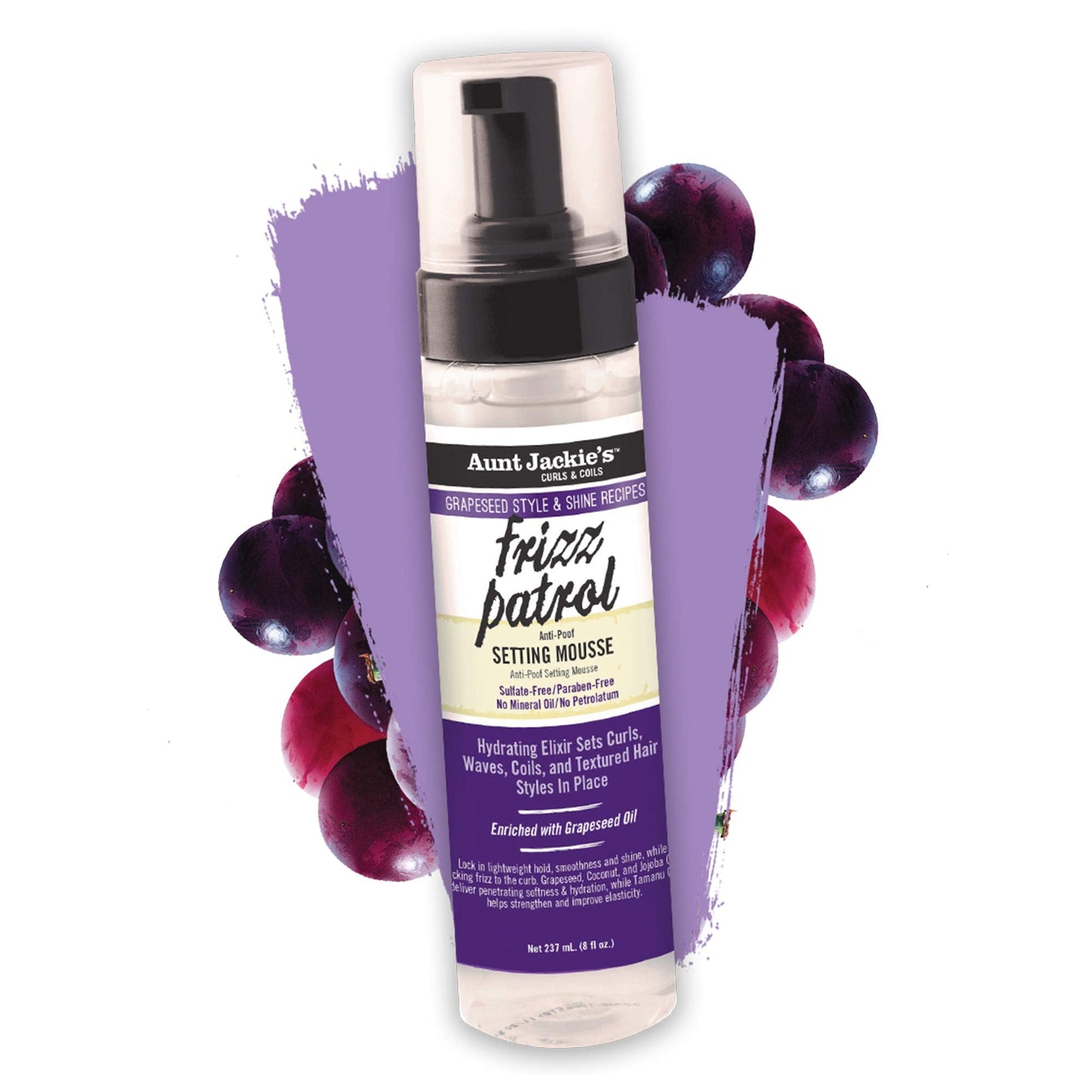 Aunt Jackie's Grapeseed Style and Shine Recipes Frizz Patrol Anti-Poof Setting Hair Mousse, Sets Curly Hair Styles in Place,Purple Fl.Oz 8.5 Ounce Beauty & Personal Care Aunt Jackie's