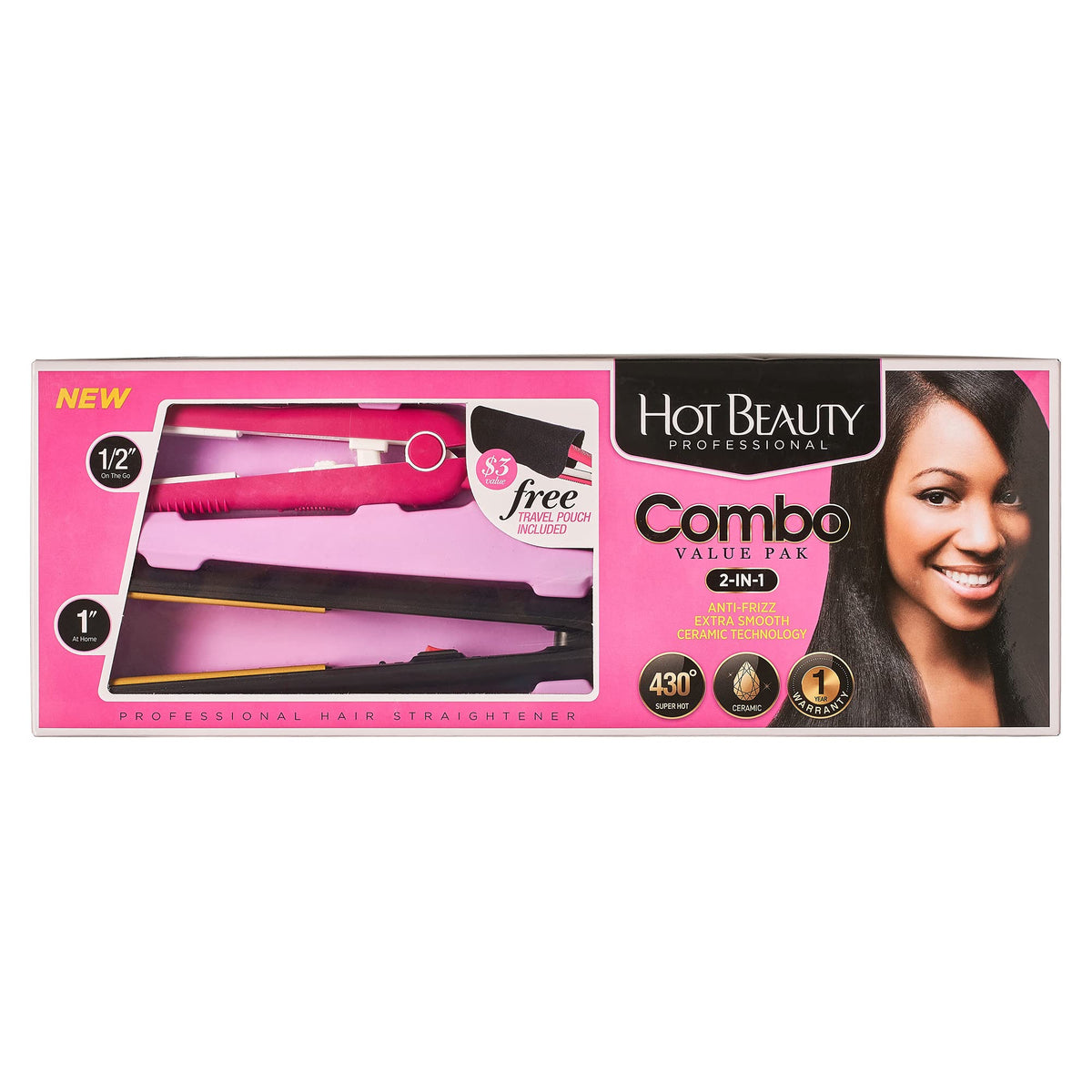 Hot Beauty Ceramic High Heat Level Flat Irons 2-in-1 Value Pack 1" and Mini 1/2" with Free Travel Pouch