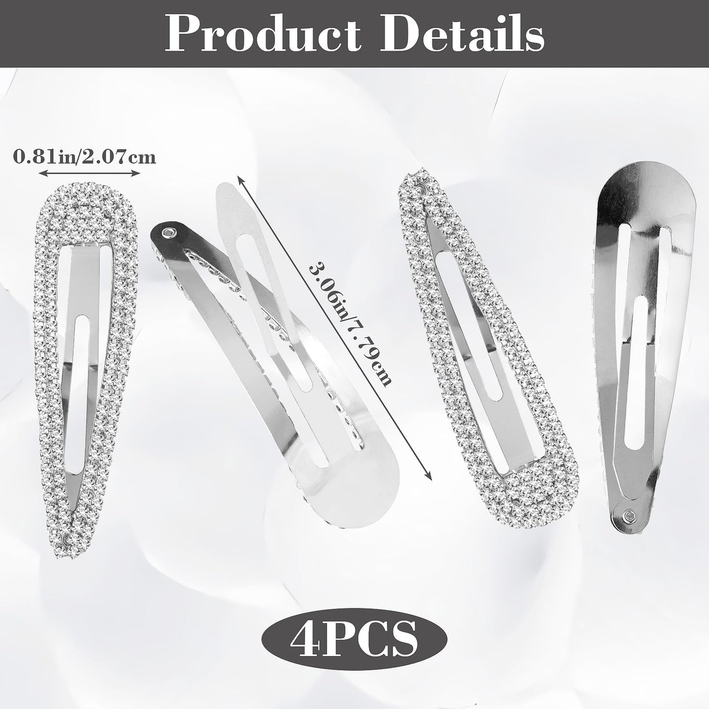 HINZIC 4Pcs 3 Inch Rhinestone Hair Clips, Sparkly Snap Hair Barrettes, Metal No Slip Silver Hair Pins Valentines Wedding Party Prom Birthday Beauty & Personal Care HINZIC