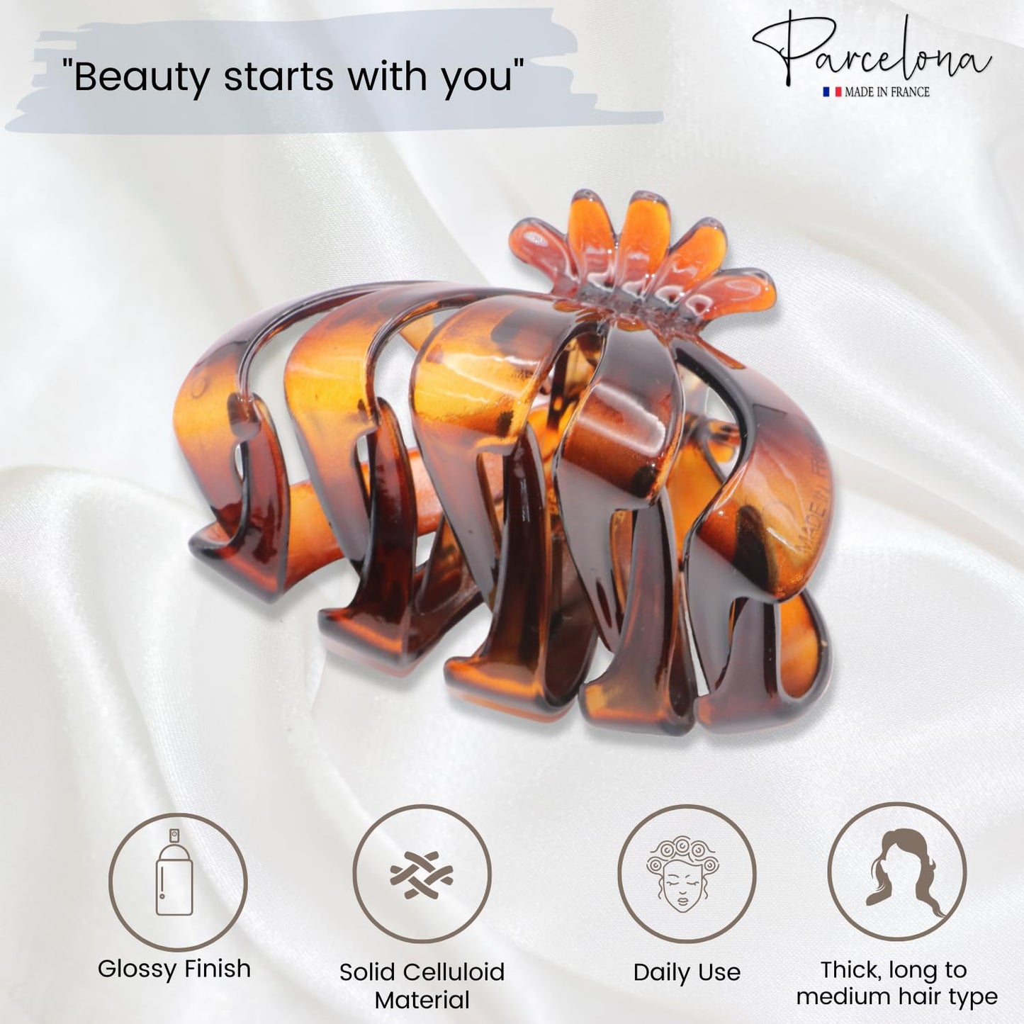 Parcelona French Fleur Medium 3.25" Wide Tortoise Shell Celluloid French Hair Claw Clips Jaw Fashion Durable and Styling Hair Accessories for Women Beauty & Personal Care Parcelona