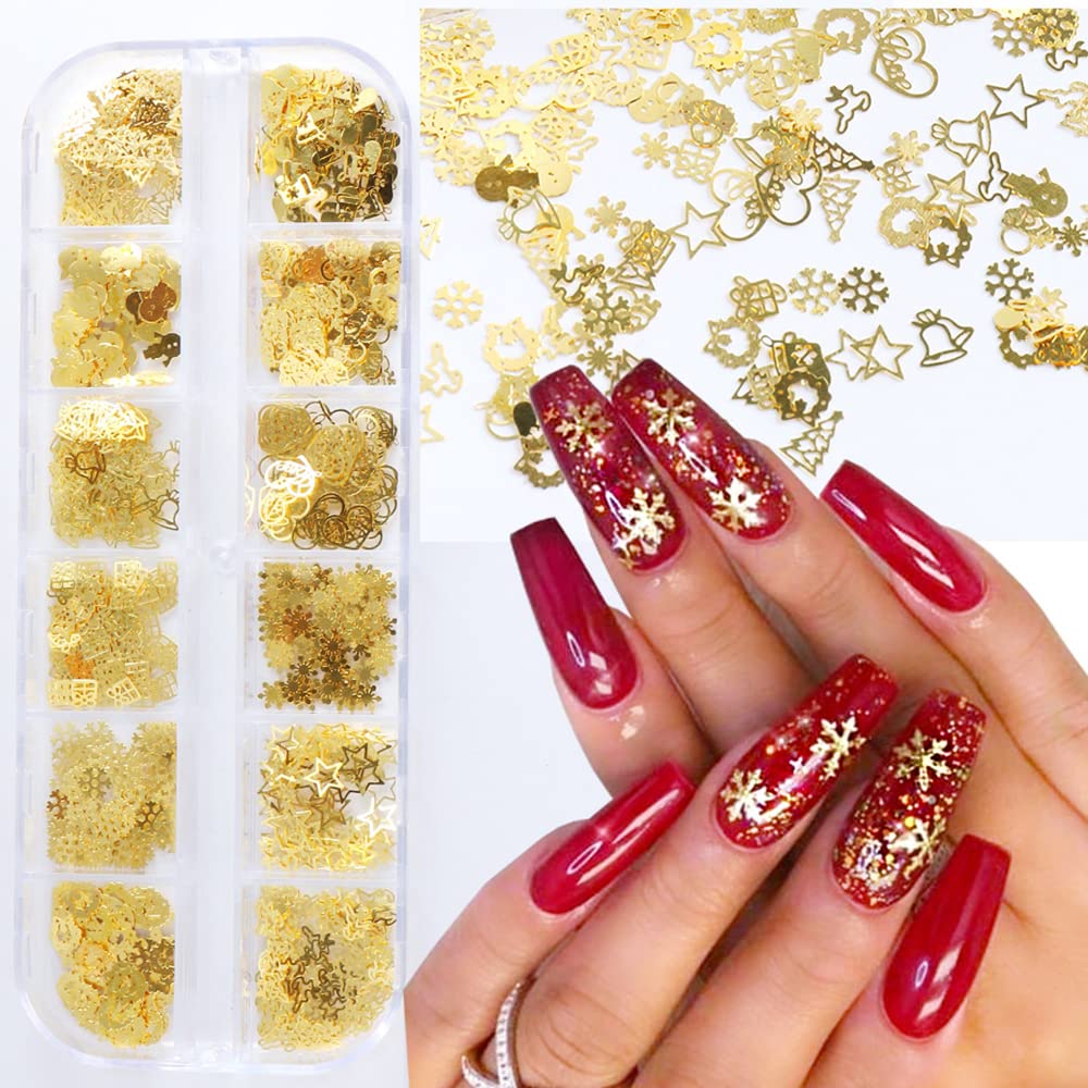 Christmas Nail Art Glitter, 12 Grids Gold Snowflake Nail Charms Snowflakes Snowmen Elk Bell Gift Xmas Tree Christmas Nail Design Winter Confetti Beauty & Personal Care Tyemp