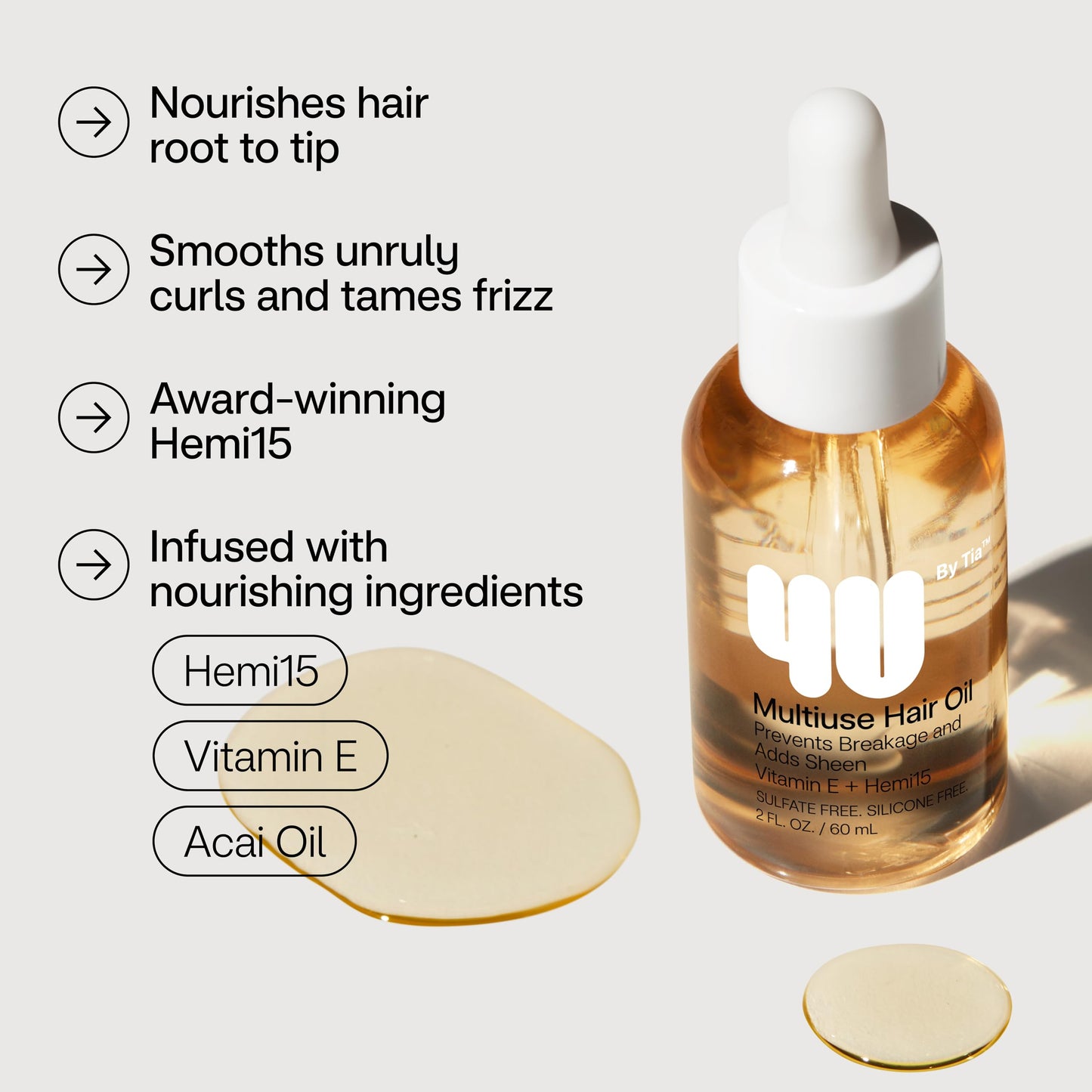 4U by Tia Multi-Use Hair Oil - 3A-4C Hair Type HEMI15 & Vitamin C Hair Balm - Nourish, Repair, Frizz Control, Natural Ingredients (2 fl oz) Beauty & Personal Care 4U by Tia