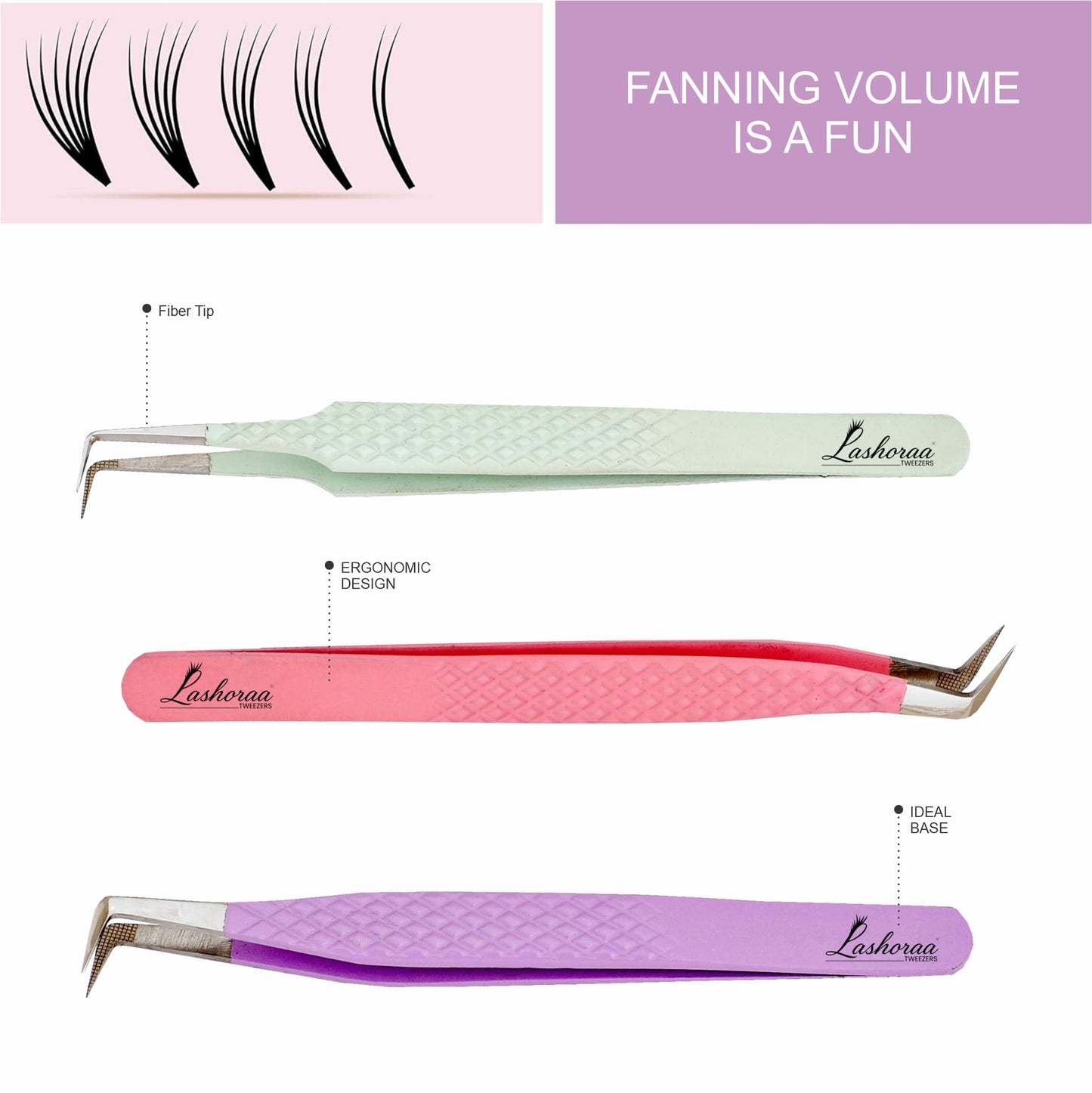LASHORAA Lash Tweezers Set for Eyelash Extensions - 3 Piece Precision Fiber Tip Diamond Grip, Volume, L-Shape Boot, 90 Degree Tweezers - Includes Beauty and Personal Care LASHORAA