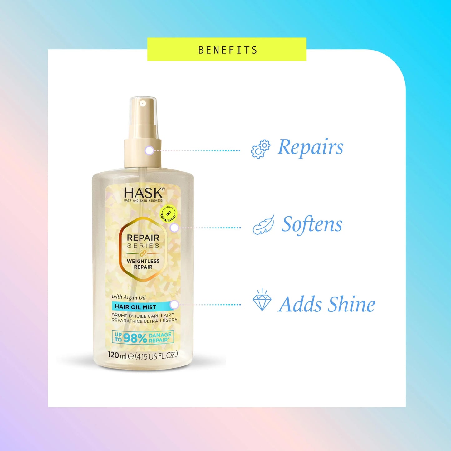 HASK Repair Series Weightless Repair Hair Oil Mist | Repairs Damage, Lightweight Hydration, Adds Shine | Vegan, Cruelty Free, Color Safe Beauty & Personal Care HASK