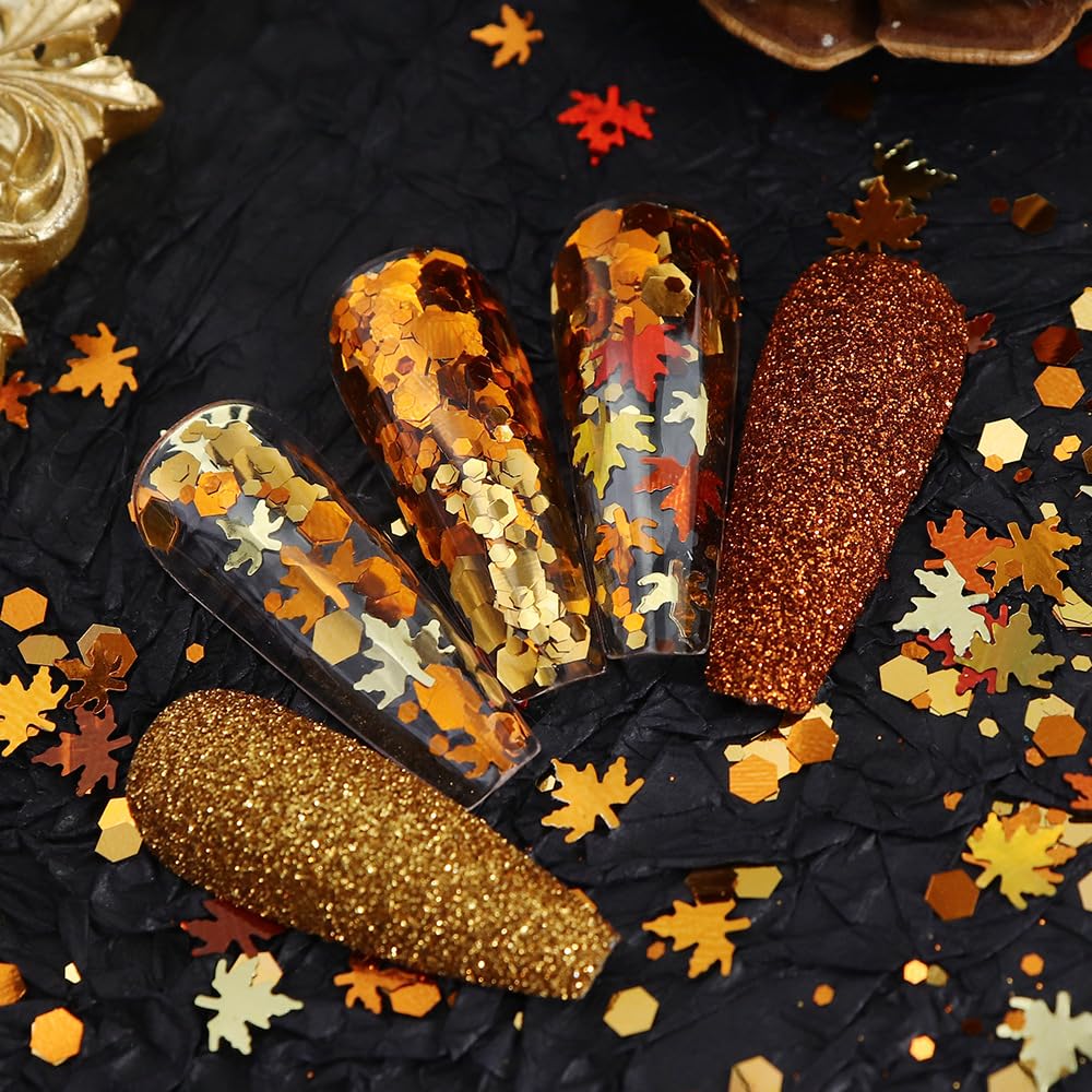 Fall Nail Art, 6 Boxes Fall Leaves Nail Glitters 3D Gold Maple Leaf Nail Sequins with Glitter Powder Gold Yellow Red Autumn Leaves Nail Art Flakes Beauty & Personal Care Qdsuh