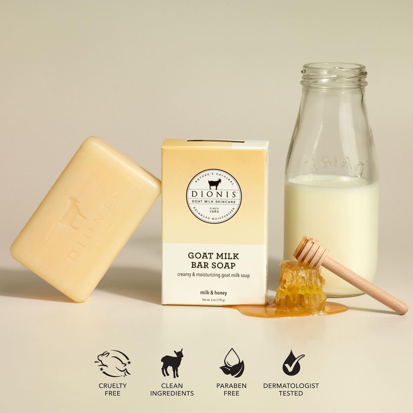 Dionis Goat Milk Skincare 6oz Milk & Honey Scented Hand & Body Bar Soap - Moisturize, Restore, for All Skin Types, Non Greasy, No Residue - Cruelty Beauty & Personal Care Dionis