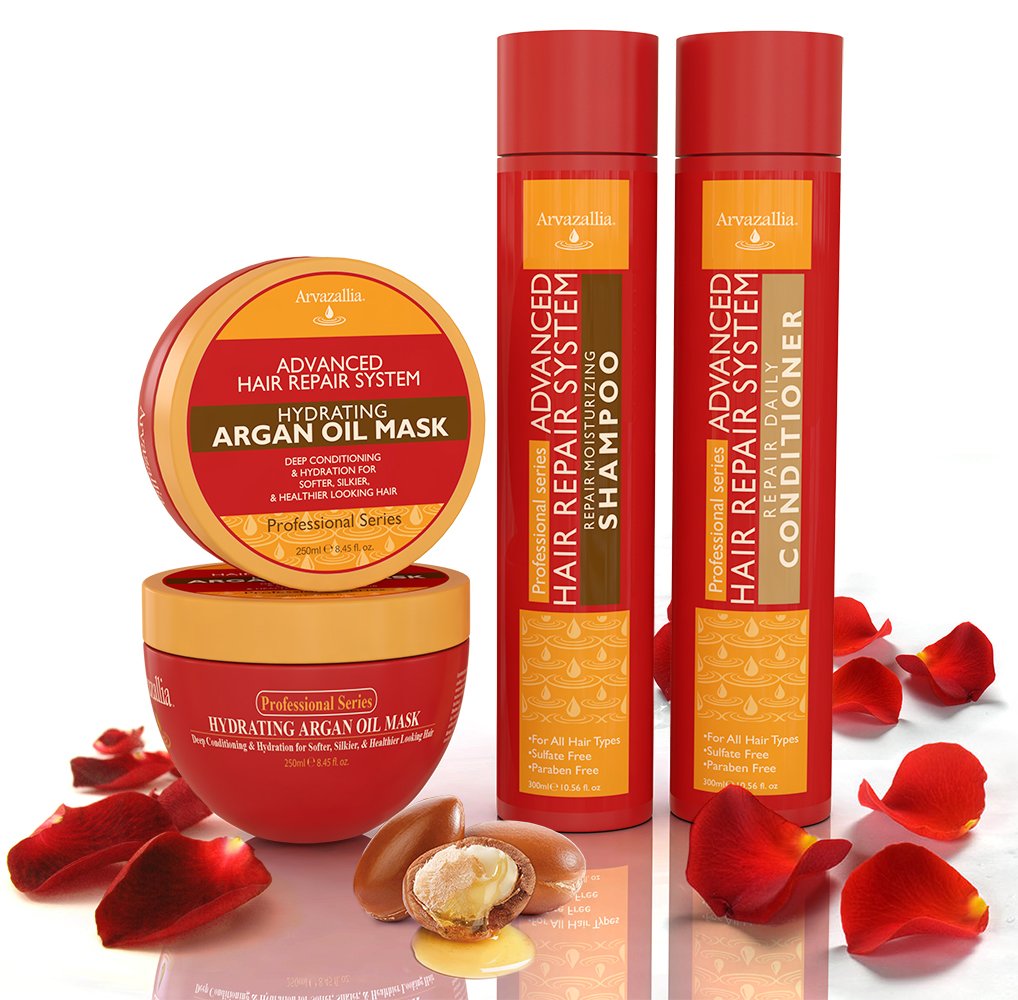 Advanced Hair Repair Shampoo, Conditioner and Deep Conditioner Mask System Set for Dry or Damaged Hair with Argan and Macadamia Oil by Arvazallia Beauty & Personal Care Arvazallia