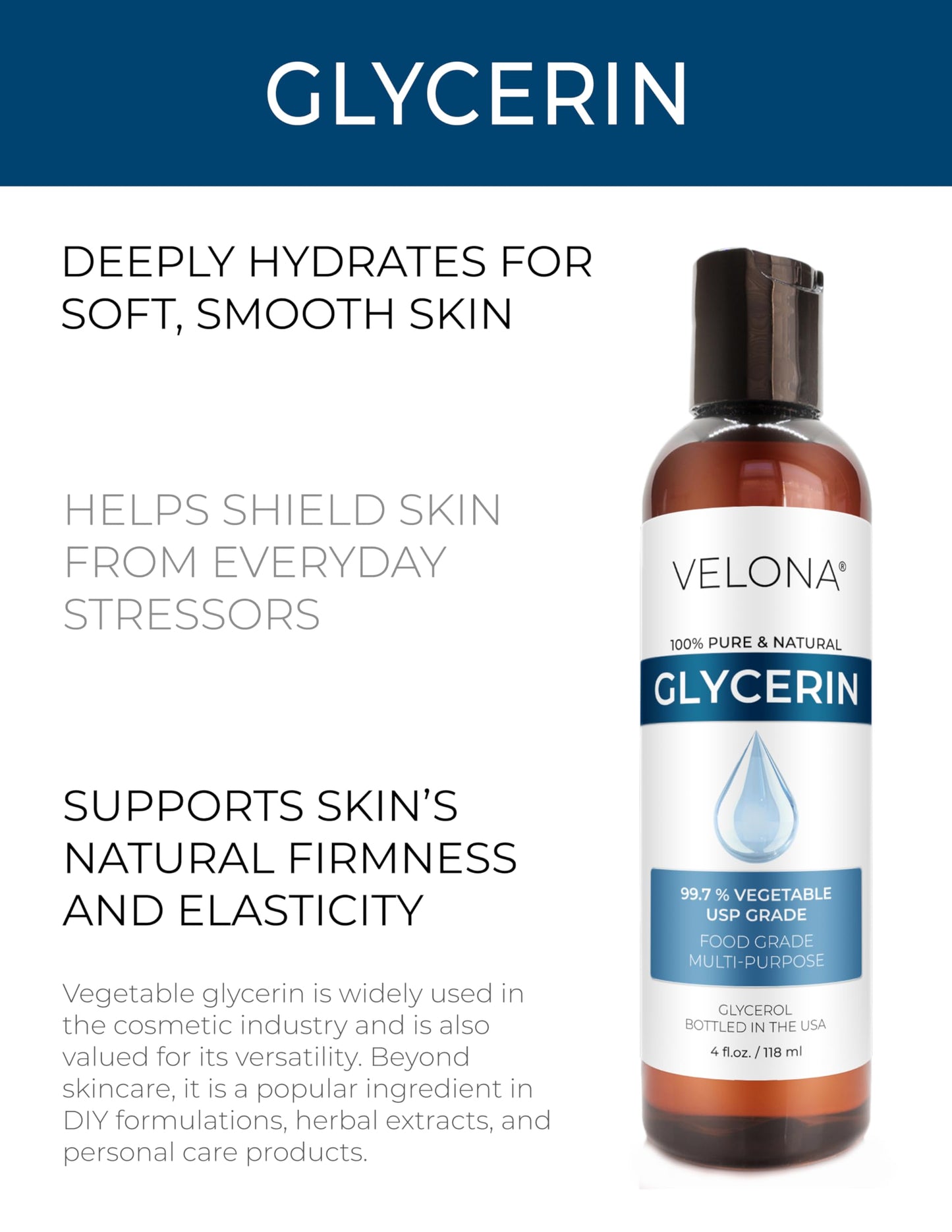 velona Glycerin Vegetable USP Grade 4 fl oz | 100% Pure and Natural Carrier Oil | Hair and Face Moisturizer for Dry Skin, Bubble Bath, Glycerin Soap Beauty & Personal Care velona