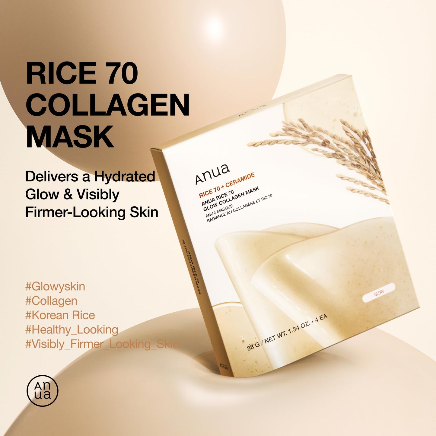 ANUA Rice 70 Glow Collagen Mask, Overnight Face Mask for Glass Skin, Ceramide, Collagen Facial Mask, Skin Moisture Barrier, Tightening Care, Natural Beauty and Personal Care ANUA