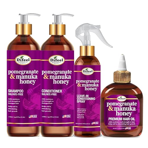 Difeel Pomegranate & Manuka Honey Shampoo & Conditioner 4-PC Set - Includes 33.8oz Shampoo, 33.8oz Conditioner, 8oz Leave in Spray and 7.1oz Hair Oil Beauty & Personal Care Difeel