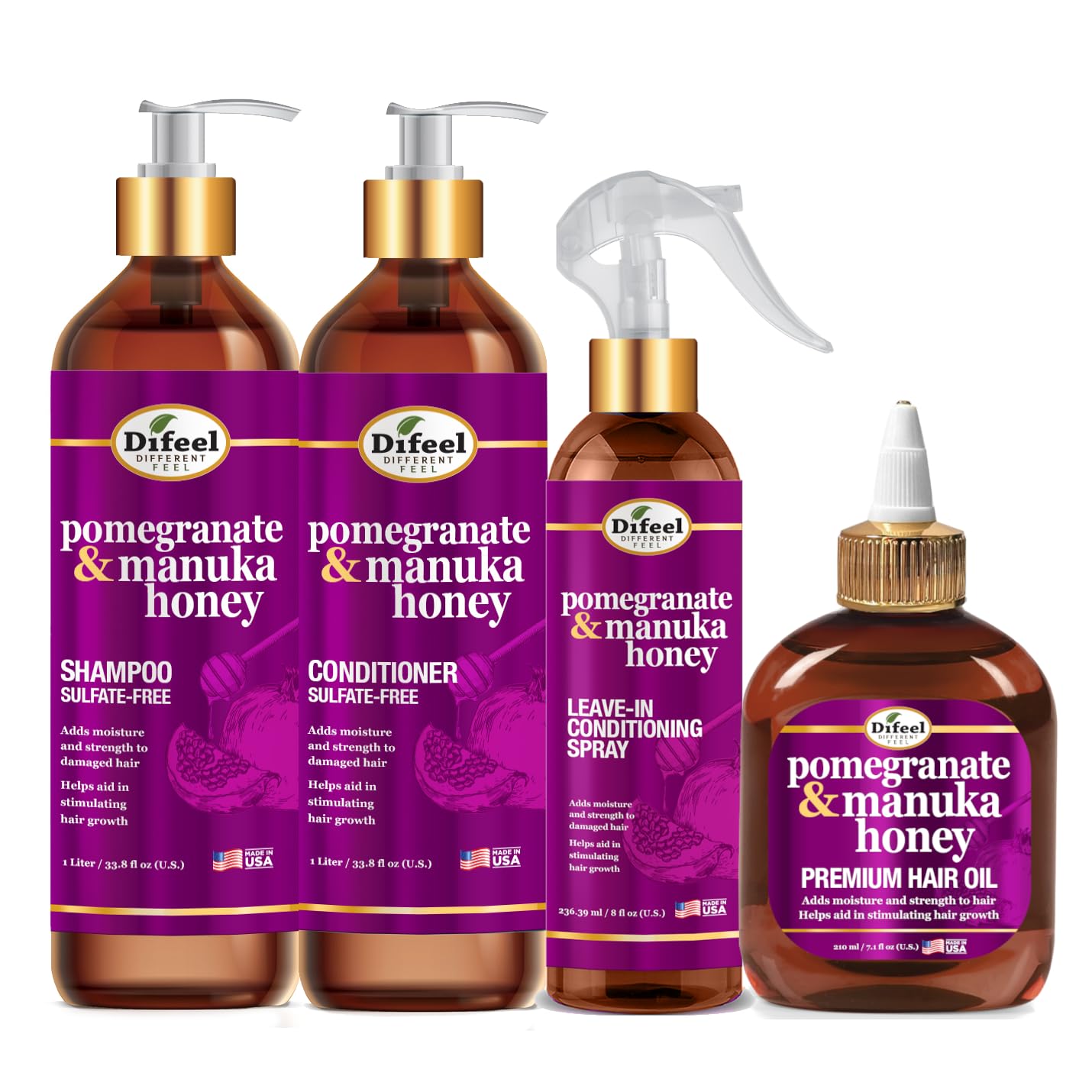 Difeel Pomegranate & Manuka Honey Shampoo & Conditioner 4-PC Set - Includes 33.8oz Shampoo, 33.8oz Conditioner, 8oz Leave in Spray and 7.1oz Hair Oil Beauty & Personal Care Difeel