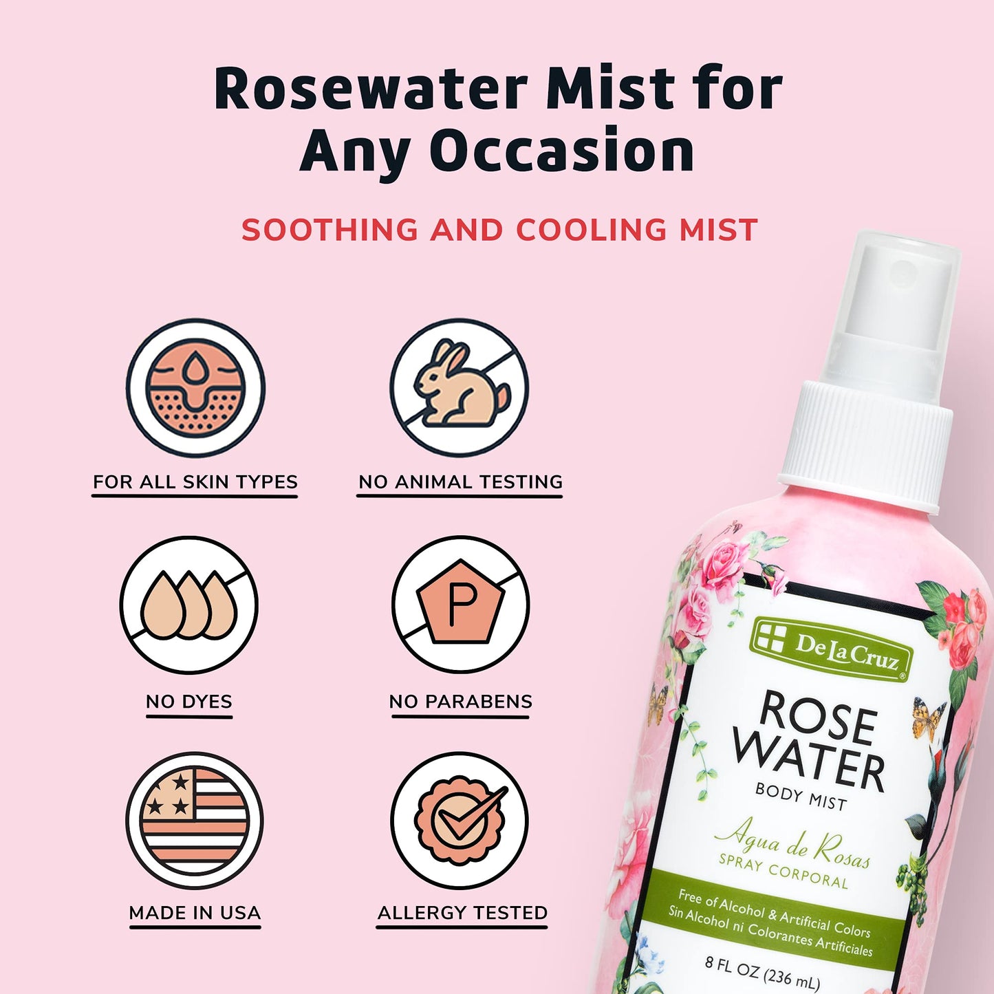 De La Cruz Rose Water Spray, No Parabens or Artificial Colors, Vegan, Made in USA 8 FL. OZ. (2 Bottles) Beauty & Personal Care De La Cruz