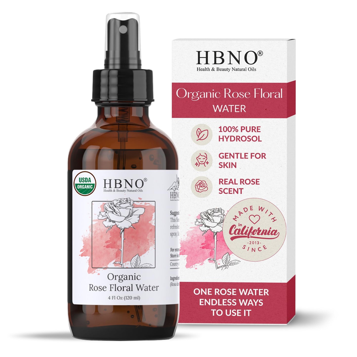 HBNO California Bottled Organic Rose Water for Face 4 fl oz (120ml) - USDA Certified Organic Rose Water Spray for Cleansing- Pure Rosewater for Hair Beauty and Personal Care HBNO