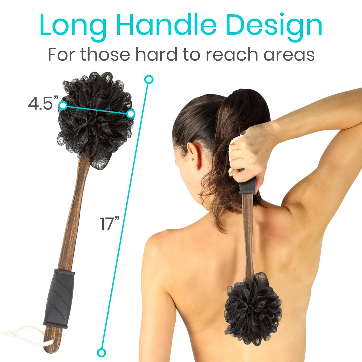 Vive 17” Shower Loofah with Long Handle - Exfoliating Back & Body Scrubber for Men & Women - Luffa Sponge on a Stick for Bathing, Cleaning - Includes Beauty & Personal Care Vive