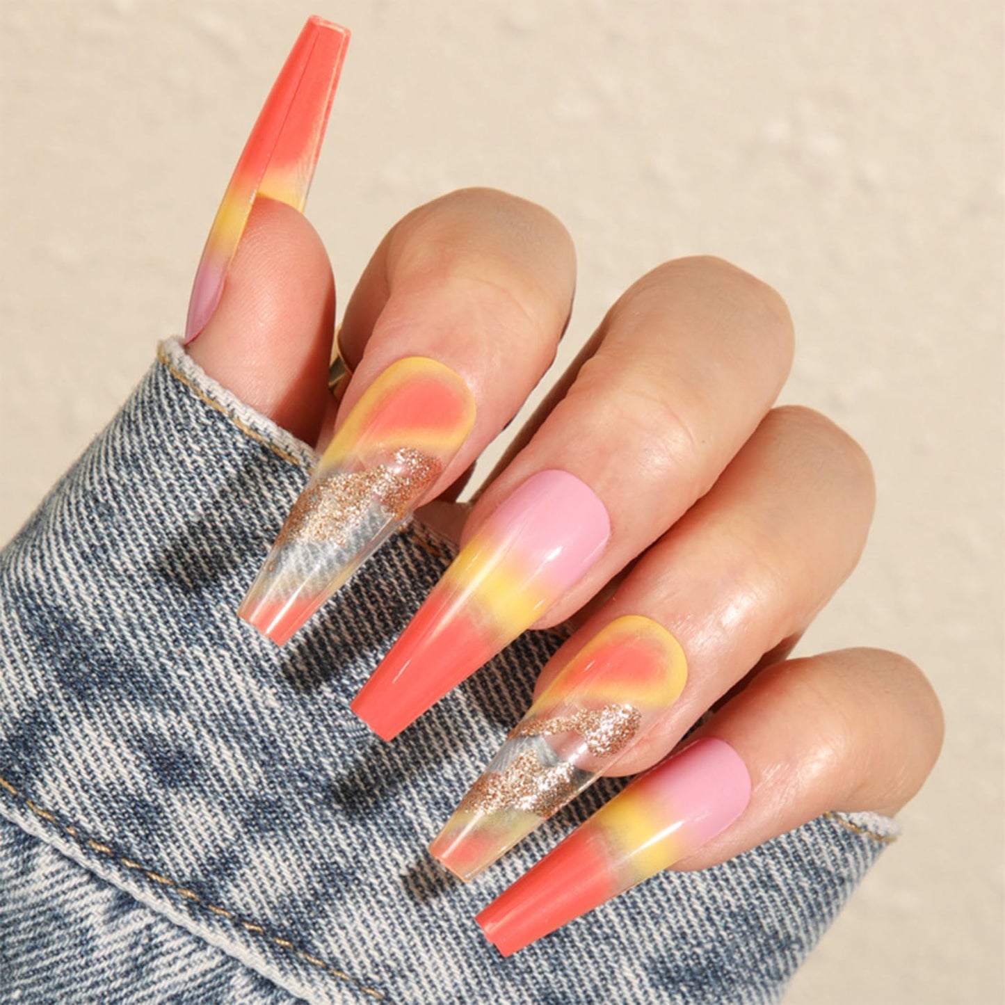 IMSOHOT Long Press on Nails Coffin French Tip Fake Nails Yellow Orange Gradient False Nails with Gold Foil Designs Clear Glossy Glue on Nails Beauty & Personal Care IMSOHOT